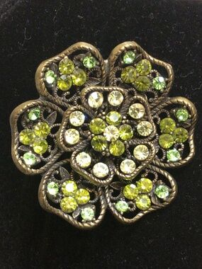 Floral Filigree Brooch Vintage Costume Jewelry Pin Green Rhinestones